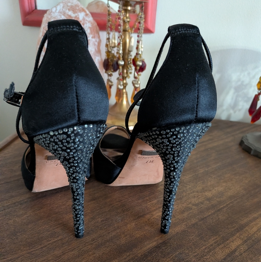Badgley Mishka Black Satin Peep Toe Rhinestone Stiletto Heels - Picture 5 of 11